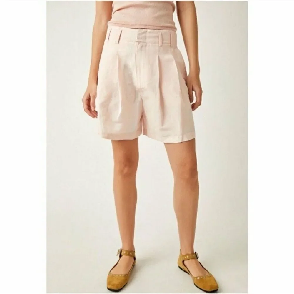 Free People NWT Calla Pleated Linen Blend Trouser Shorts In Pink Rose Size 6